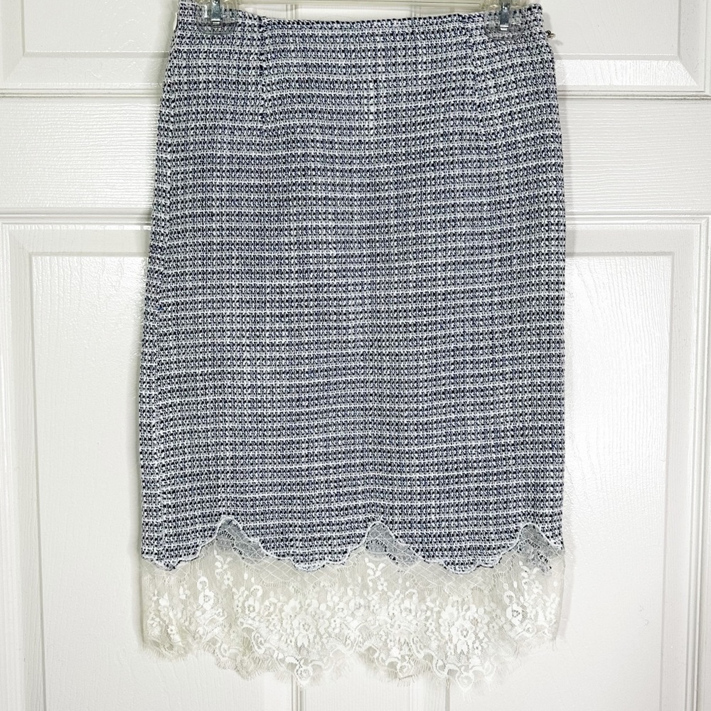 NWOT KAKI.de Paris Tweed Lace Trim Pencil Skirt Blue Women’s Sz M